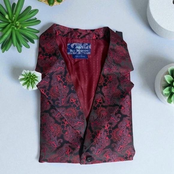 Blu Martini Mens Elegant Red and Black Brocade Vest Size 48R Button Down - Picture 13 of 14